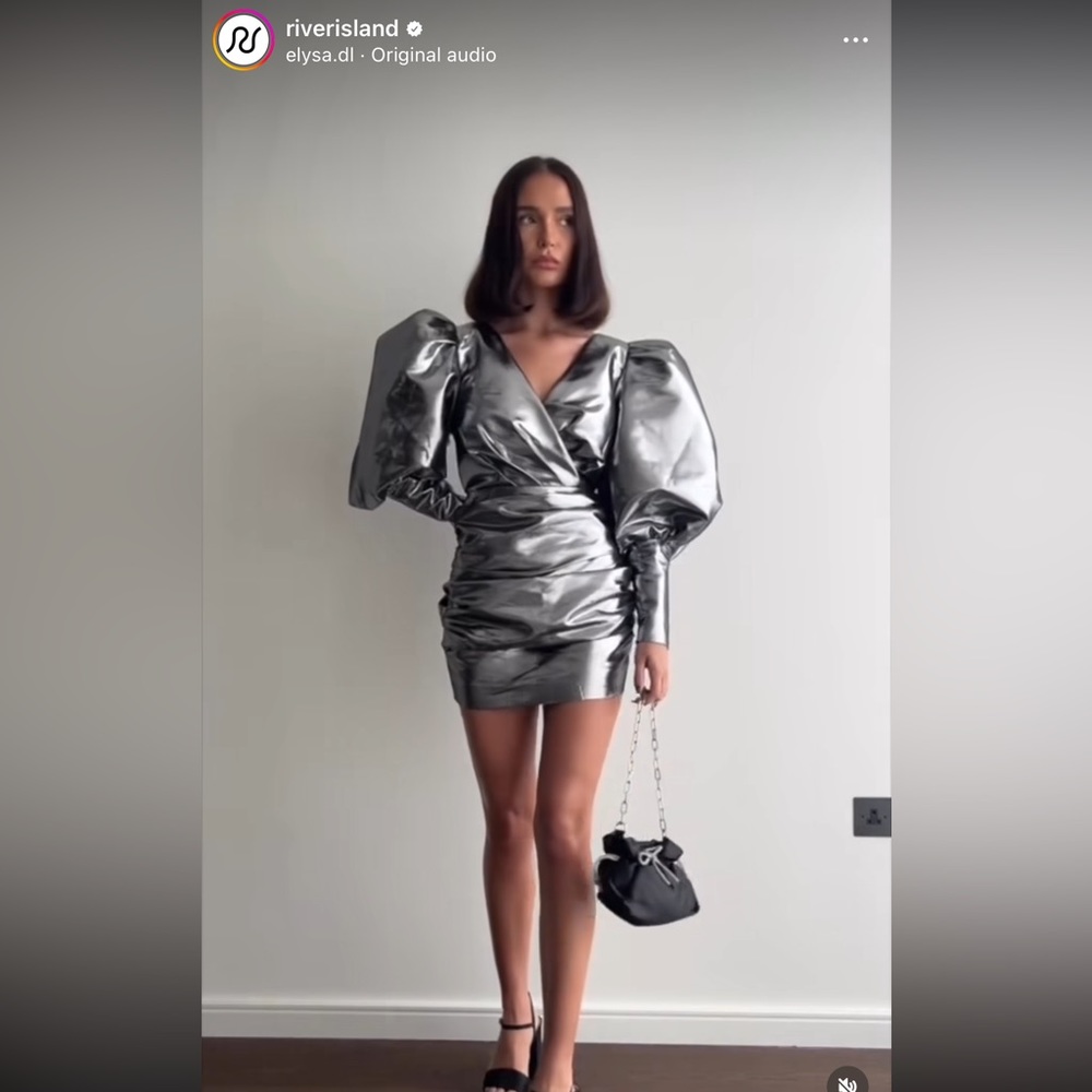 NWT River Island Metallic Silver Balloon Sleeves Bodycon Mini Dress Size 8 US - Picture 8 of 14